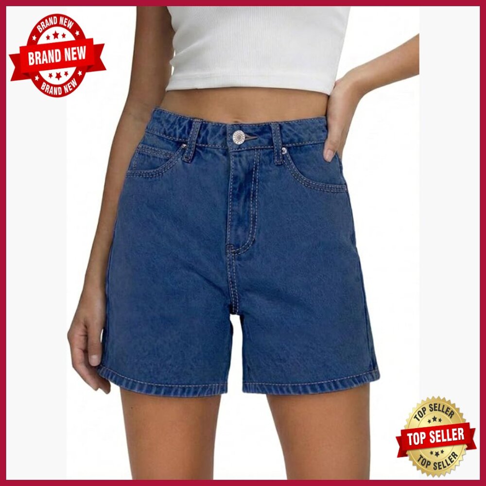 High Waisted Stretchy Denim Shorts With Pockets, Distressed Hem